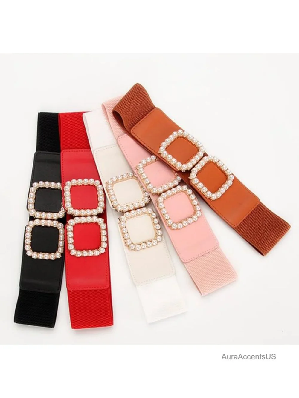Wide Elastic Waist Belt with Pearl Square Buckle Stretchy Accessory